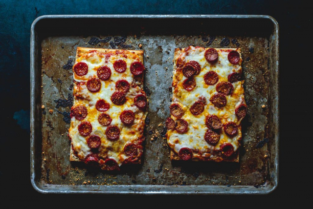 Cafeteria-style pepperoni pan pizza at home.