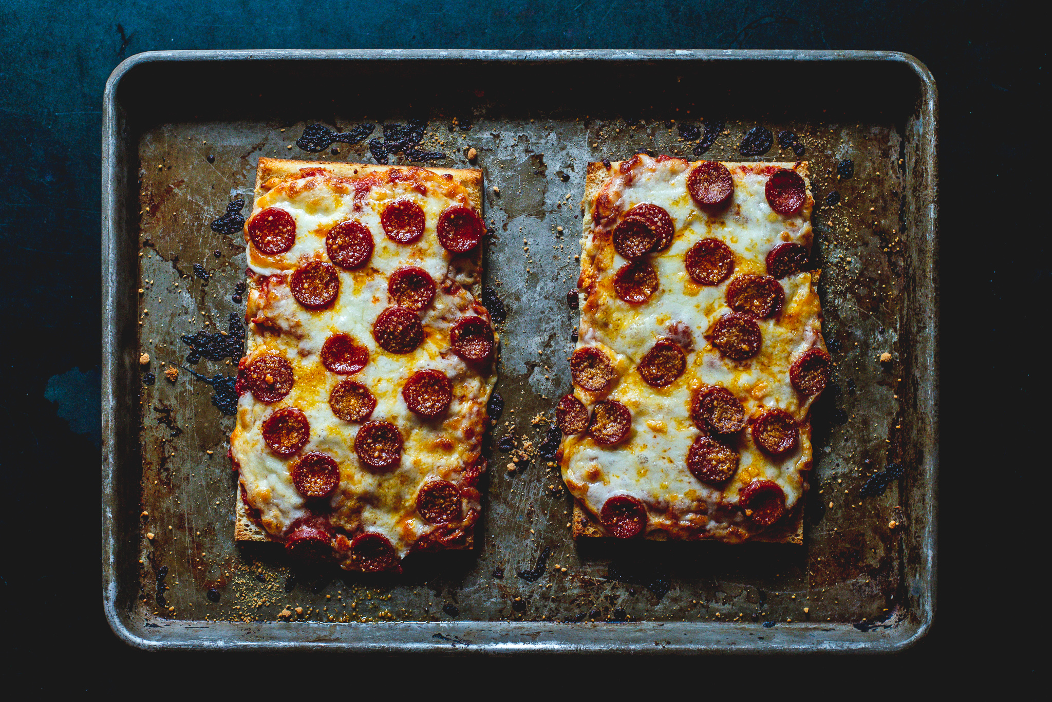 Cafeteria-style pepperoni pan pizza at home.